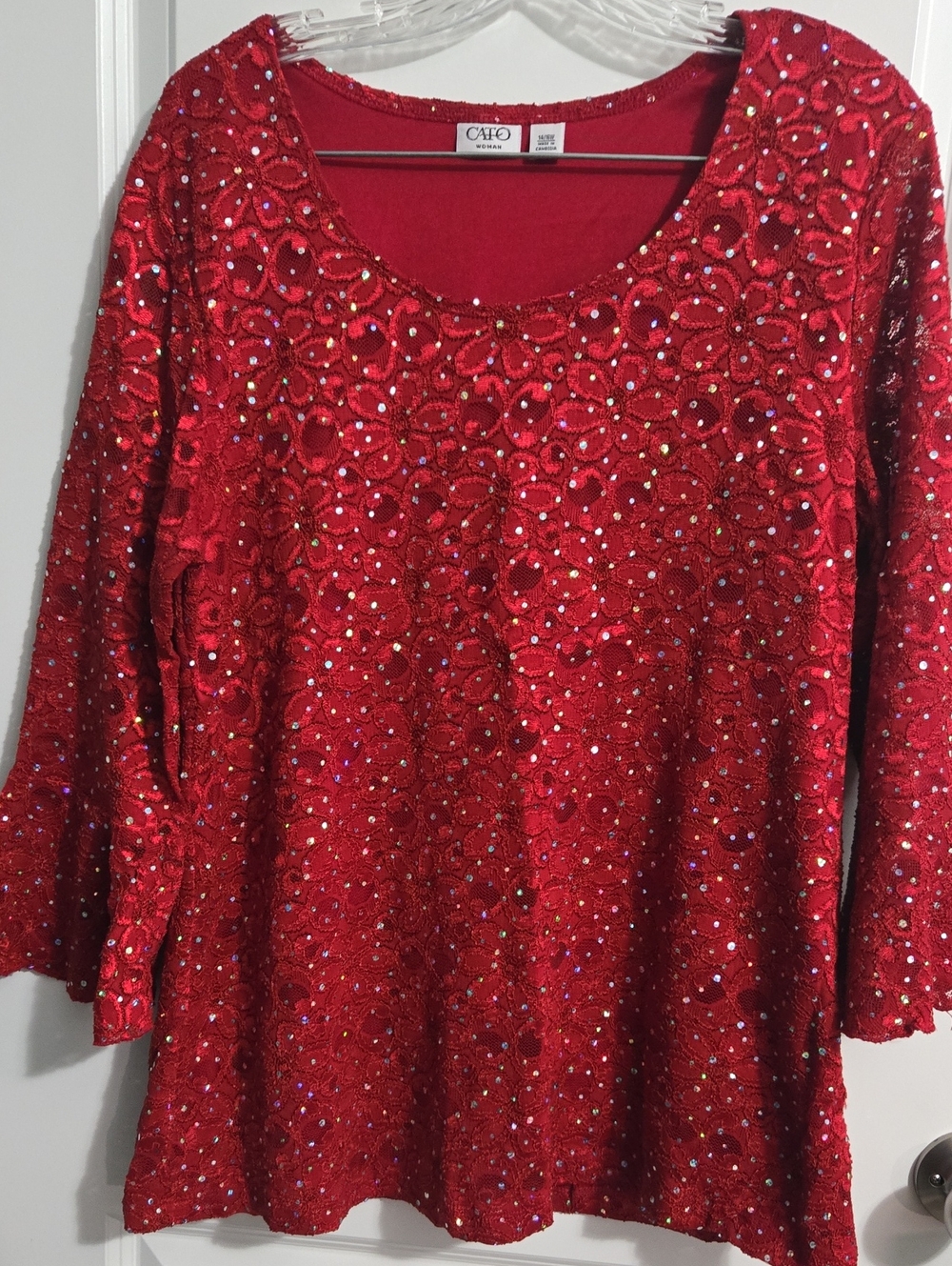 Cato Red Sequin Lace Scoop Neck Top